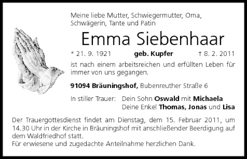  Traueranzeige für Emma Siebenhaar vom 12.02.2011 aus MGO