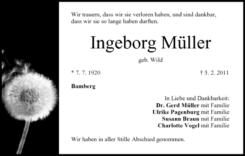  Traueranzeige für Ingeborg Müller vom 12.02.2011 aus MGO
