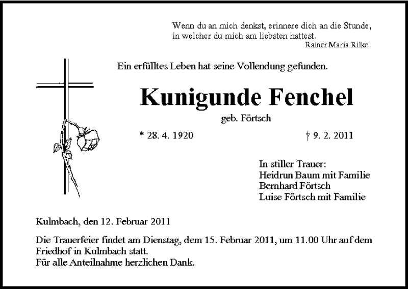  Traueranzeige für Kunigunde Fenchel vom 12.02.2011 aus MGO