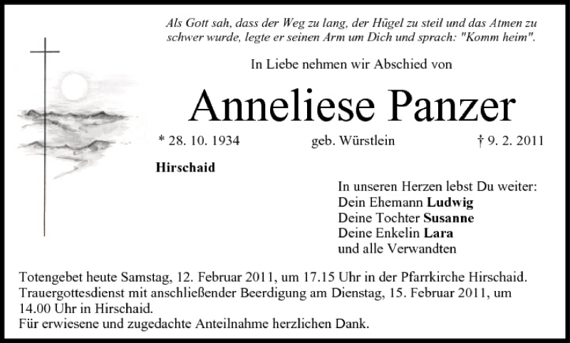  Traueranzeige für Anneliese Panzer vom 12.02.2011 aus MGO