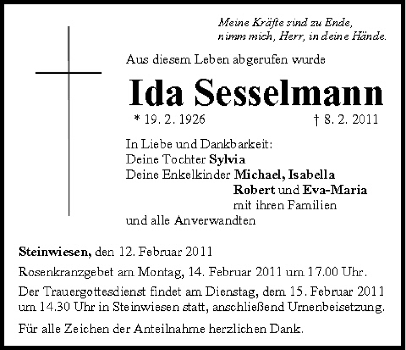  Traueranzeige für Ida Sesselmann vom 12.02.2011 aus MGO