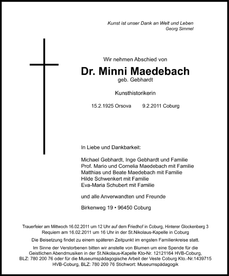  Traueranzeige für Minni Maedebach vom 12.02.2011 aus MGO