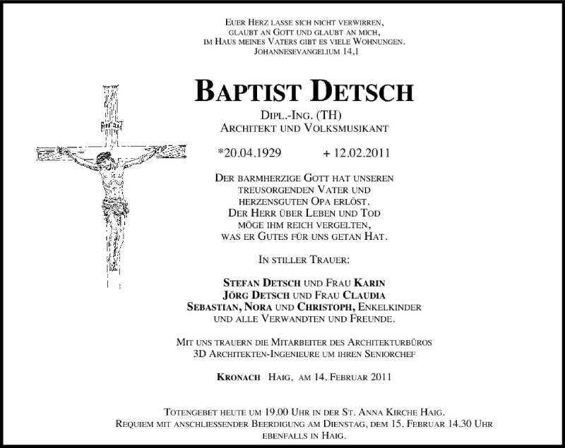  Traueranzeige für Baptist Dietsch vom 14.02.2011 aus MGO