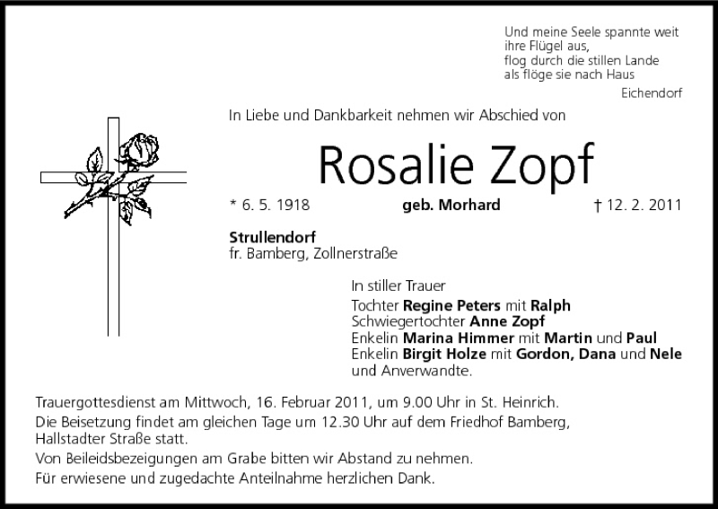  Traueranzeige für Rosalie Zopf vom 14.02.2011 aus MGO