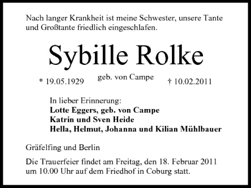  Traueranzeige für Sybille Rolke vom 16.02.2011 aus MGO