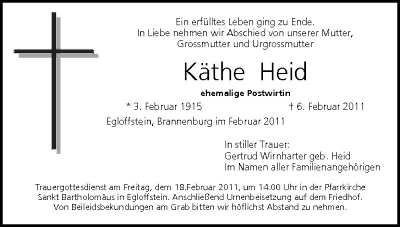  Traueranzeige für Käthe Heid vom 16.02.2011 aus MGO