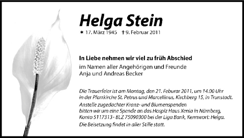  Traueranzeige für Helga Stein vom 15.02.2011 aus MGO