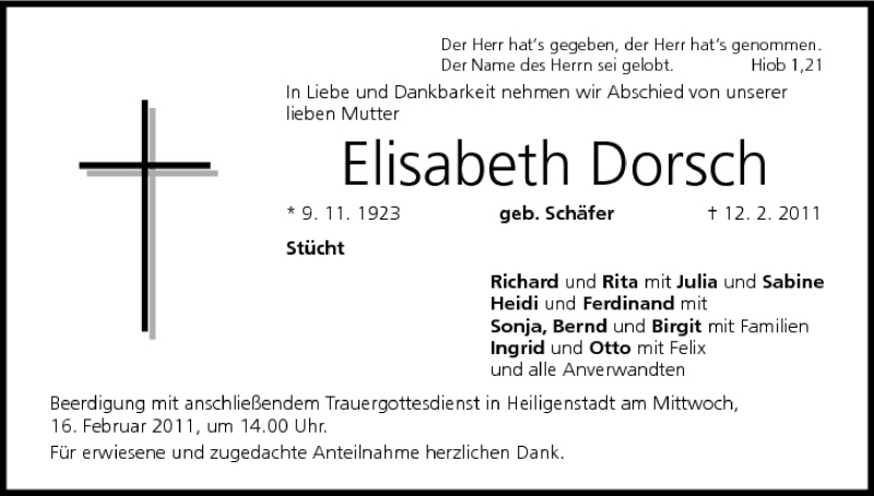  Traueranzeige für Elisabeth Dorsch vom 15.02.2011 aus MGO