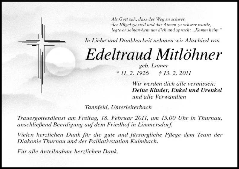  Traueranzeige für Edeltraud Mitlöhner vom 16.02.2011 aus MGO