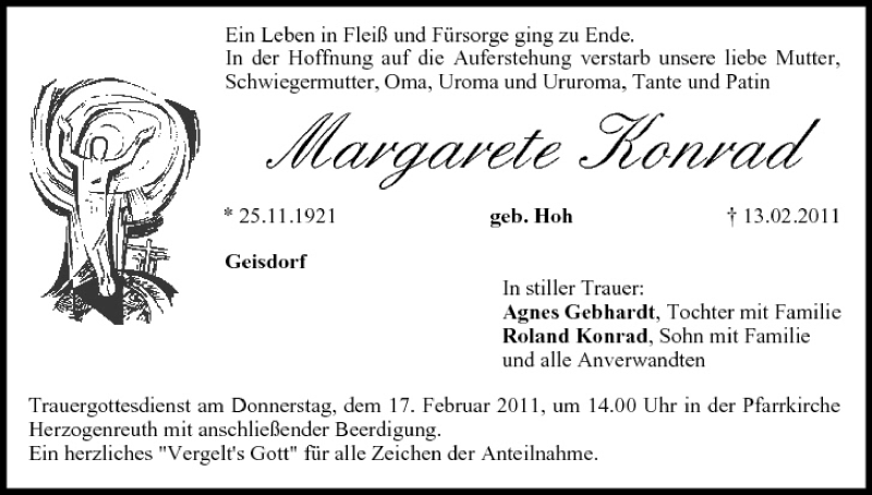  Traueranzeige für Margarete Konrad vom 16.02.2011 aus MGO