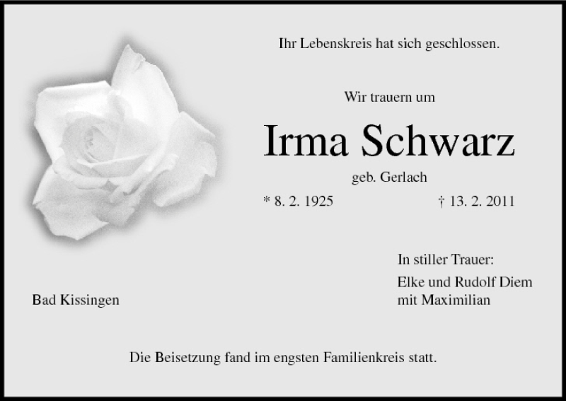  Traueranzeige für Irma Schwarz vom 24.02.2011 aus MGO