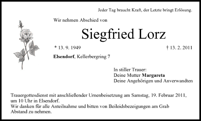  Traueranzeige für Siegfried Lorz vom 17.02.2011 aus MGO