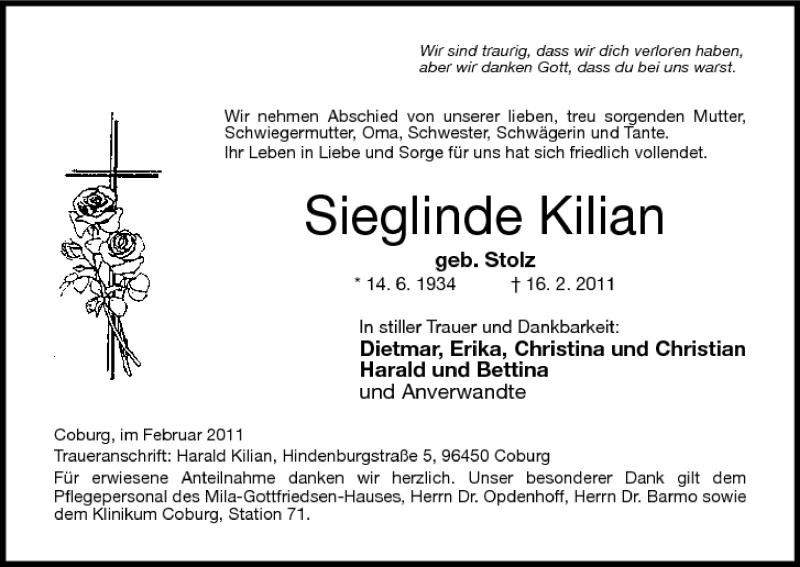  Traueranzeige für Sieglinde Kilian vom 18.02.2011 aus MGO