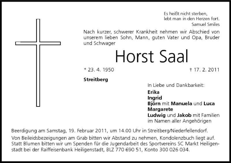  Traueranzeige für Horst Saal vom 18.02.2011 aus MGO