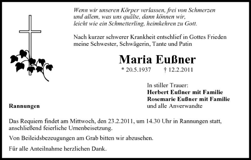  Traueranzeige für Maria Eußner vom 19.02.2011 aus MGO