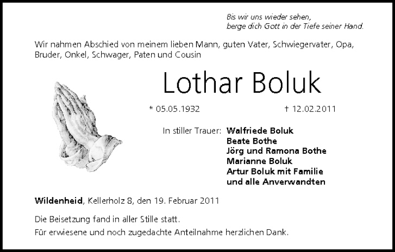  Traueranzeige für Lothar Boluk vom 19.02.2011 aus MGO
