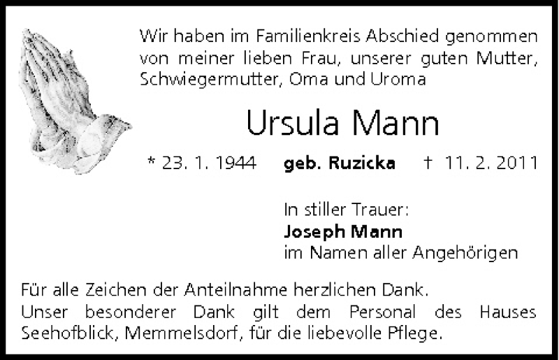  Traueranzeige für Ursula Mann vom 19.02.2011 aus MGO