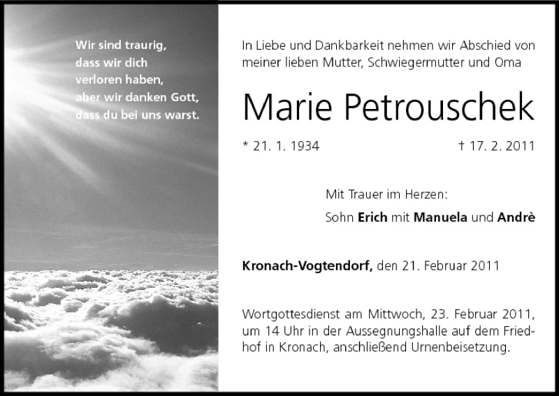  Traueranzeige für Marie Petrouschek vom 21.02.2011 aus MGO