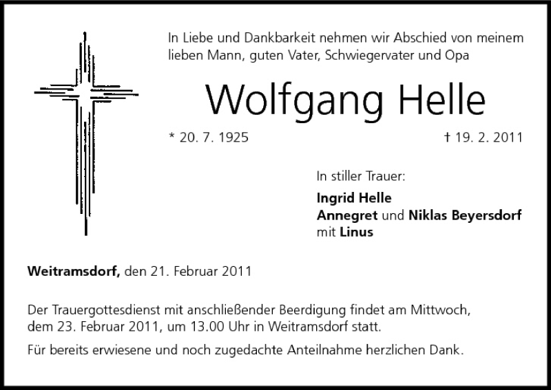  Traueranzeige für Wolfgang Helle vom 21.02.2011 aus MGO