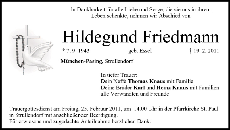  Traueranzeige für Hildegund Friedmann vom 23.02.2011 aus MGO