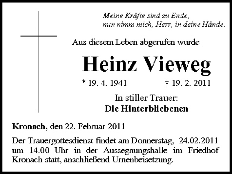  Traueranzeige für Heinz Vieweg vom 22.02.2011 aus MGO