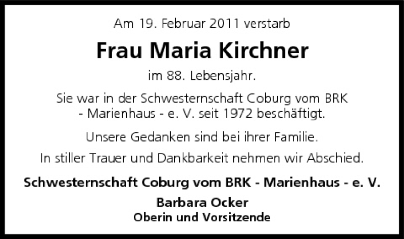  Traueranzeige für Maria Kirchner vom 23.02.2011 aus MGO