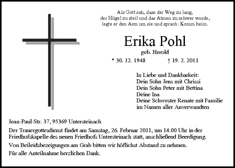  Traueranzeige für Erika Pohl vom 23.02.2011 aus MGO