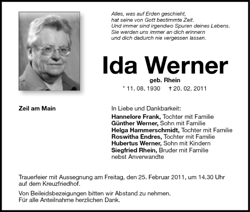  Traueranzeige für Ida Werner vom 23.02.2011 aus MGO