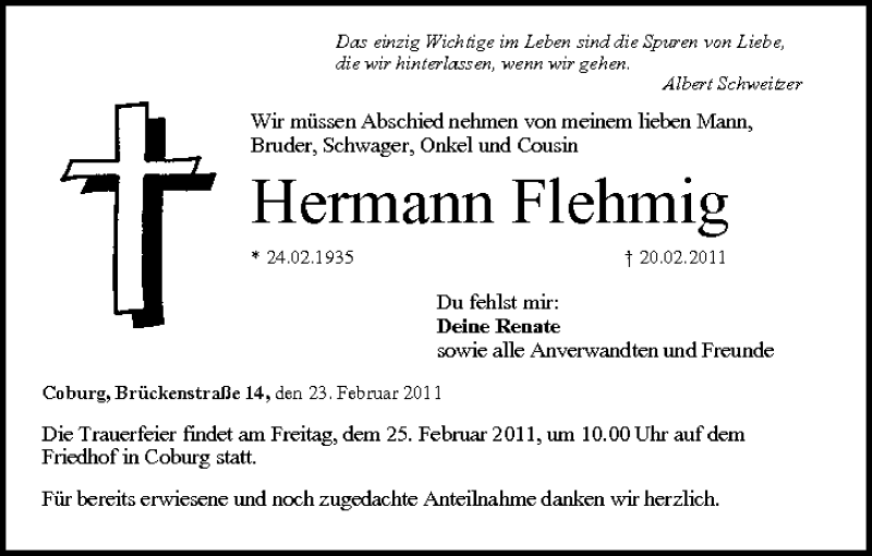  Traueranzeige für Hermann Flehmig vom 23.02.2011 aus MGO