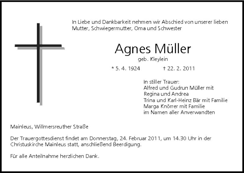  Traueranzeige für Agnes Müller vom 23.02.2011 aus MGO