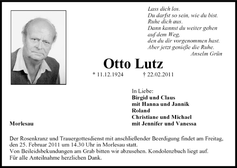  Traueranzeige für Otto Lutz vom 24.02.2011 aus MGO