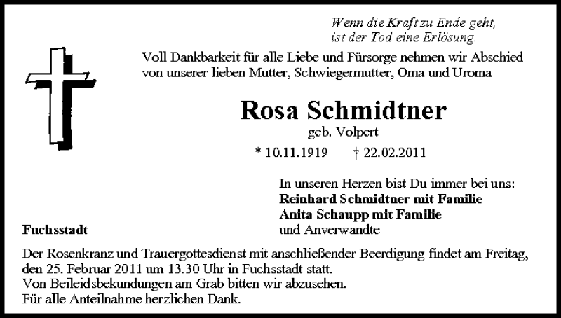  Traueranzeige für Rosa Schmidtner vom 24.02.2011 aus MGO