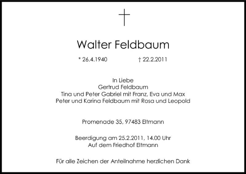  Traueranzeige für Walter Feldbaum vom 24.02.2011 aus MGO