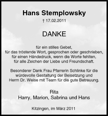 Anzeige von Hans Stemplowsky von MGO