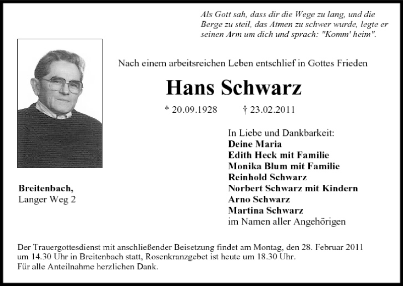  Traueranzeige für Hans Schwarz vom 25.02.2011 aus MGO