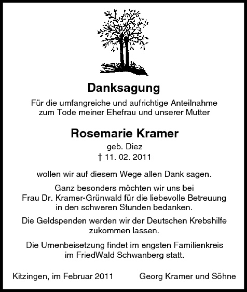  Traueranzeige für Rosemarie Kramer vom 26.02.2011 aus MGO