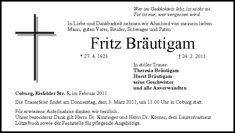  Traueranzeige für Fritz Bräutigam vom 01.03.2011 aus MGO