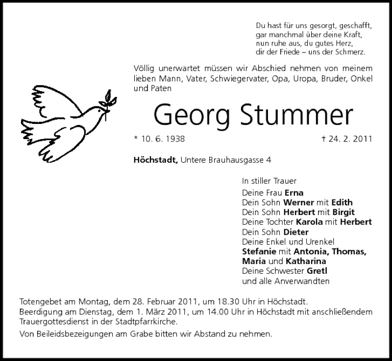  Traueranzeige für Georg Stummer vom 26.02.2011 aus MGO