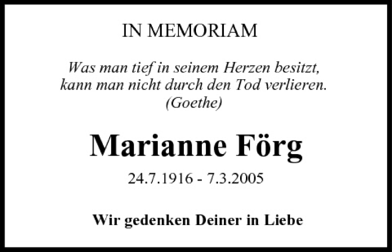  Traueranzeige für Marianne Förg vom 07.03.2011 aus MGO