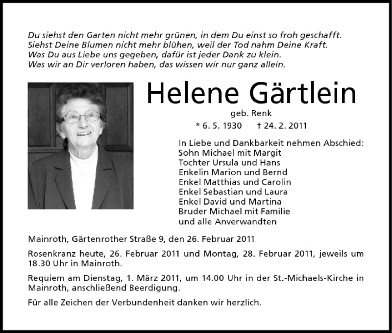  Traueranzeige für Helene Gärtlein vom 26.02.2011 aus MGO