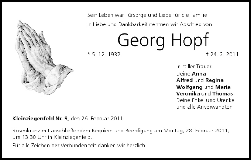  Traueranzeige für Georg Hopf vom 26.02.2011 aus MGO