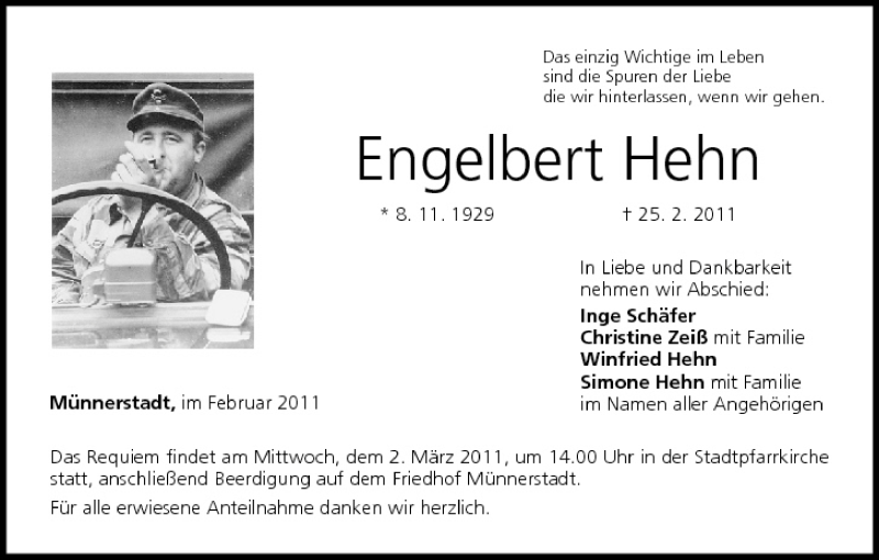  Traueranzeige für Engelbert Hehn vom 28.02.2011 aus MGO