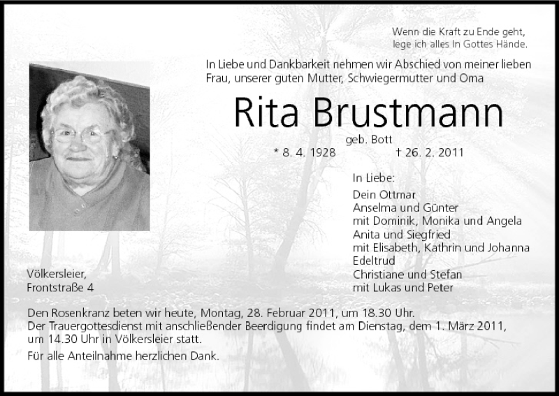  Traueranzeige für Rita Brustmann vom 28.02.2011 aus MGO