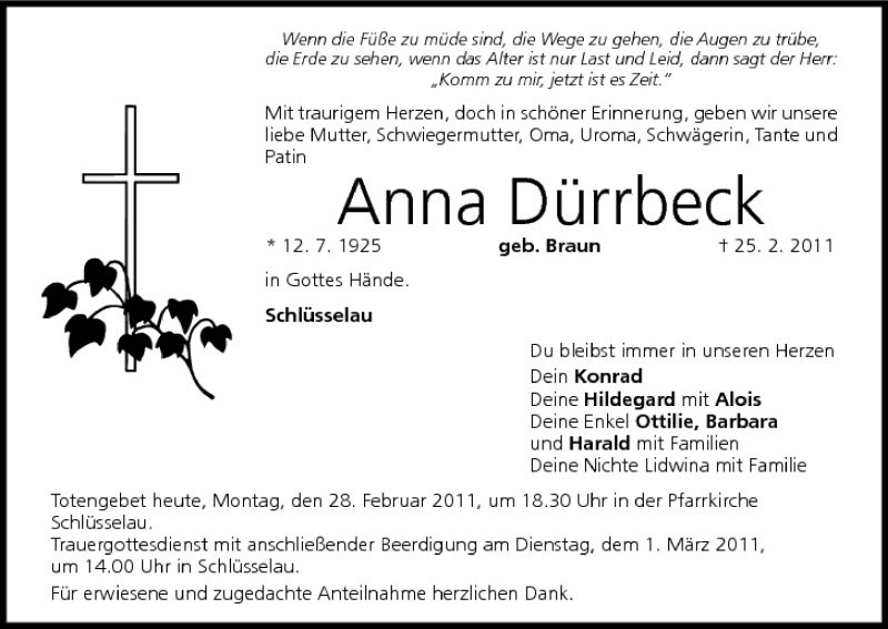  Traueranzeige für Anna Dürrbeck vom 28.02.2011 aus MGO