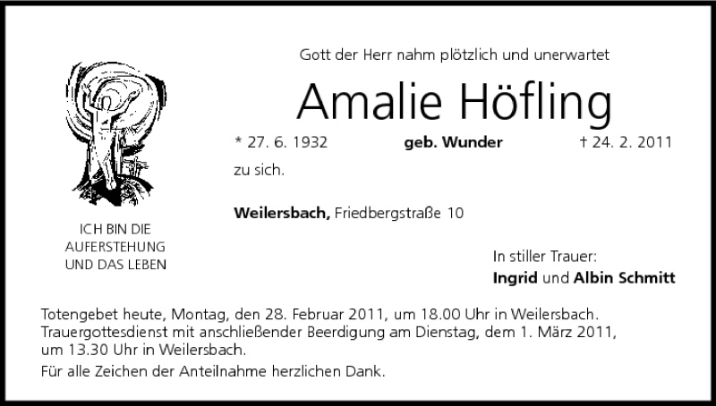 Traueranzeige für Amalie Höfling vom 28.02.2011 aus MGO