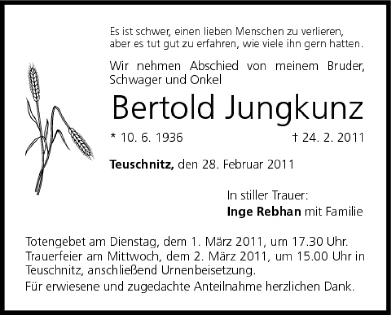  Traueranzeige für Bertold Jungkunz vom 28.02.2011 aus MGO