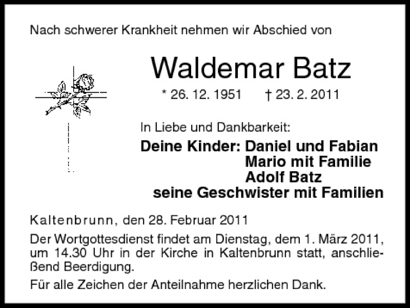  Traueranzeige für Waldemar Batz vom 28.02.2011 aus MGO