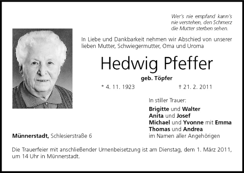  Traueranzeige für Hedwig Pfeffer vom 26.02.2011 aus MGO
