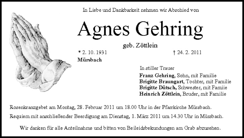  Traueranzeige für Agnes Gehring vom 26.02.2011 aus MGO