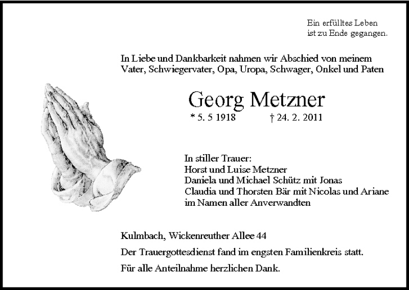  Traueranzeige für Georg Metzner vom 02.03.2011 aus MGO